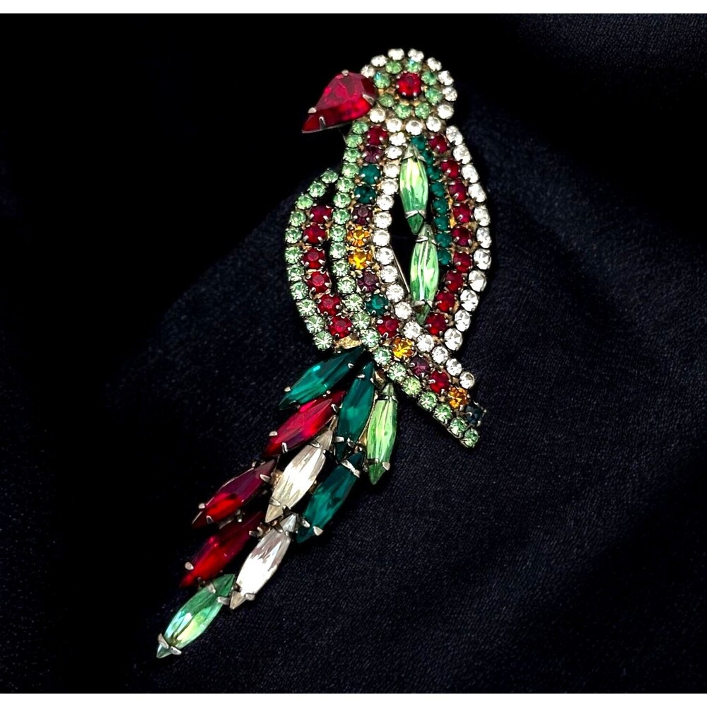 Vintage 1960s Parrot Brooch Silver Tone Multicolor Rhinestone Navette - 12V